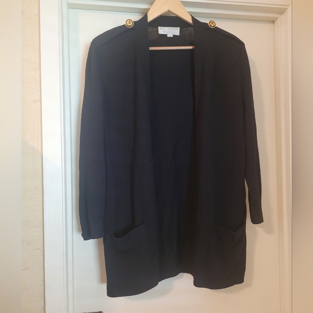 Vintage St. John Basics By Marie Gray Long Open Front Cardigan Black Knit Size L